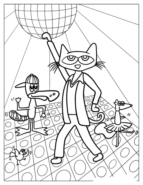 Pete the Cat dansează într-un decor de discotecă.