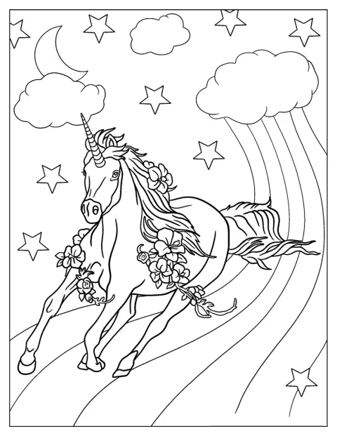 Un unicornio galopa por encima de un arcoíris.