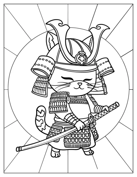 Un gato vestido de samurái posa con su armadura y su espada.