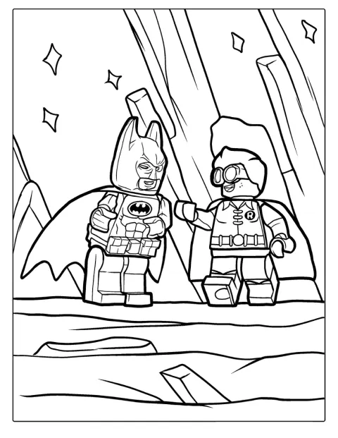 Batman e Robin, feitos de peças Lego, aparecem juntos.