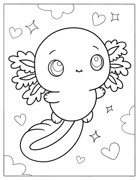 Um axolote bebé em estilo kawaii flutua entre nuvens.