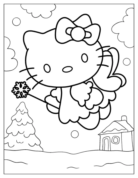 Hello Kitty er klædt ud som en fe i et vinterligt landskab.