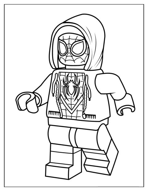 Lego Miles Morales Pókember-jelmezben áll, indulásra készen.