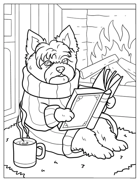 Neben dem Kamin sitzt ein gemütlicher Yorkie und liest ein Buch.