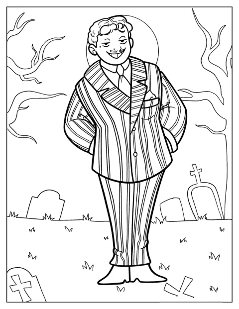 Gomez Addams sonríe con picardía mientras pasea por el cementerio.
