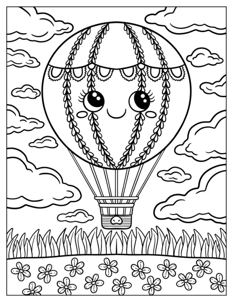 A mosolygó hőlégballon virágos mező fölött lebeg.