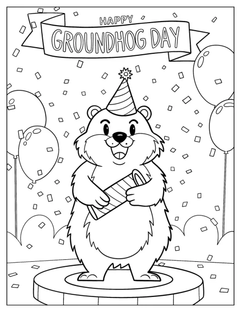 Balões e confetes rodeiam as palavras «Feliz Dia da Marmota».