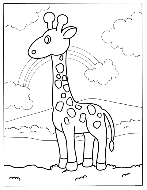 Eine einfache Giraffe steht neben einem Regenbogen.
