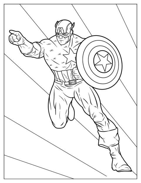 Captain America er tegnet i en klassisk stil fra gamle tegneserier.