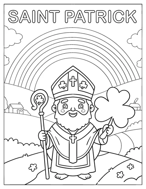 Under en regnbue holder sankt Patrick en kløver og en bispestav.