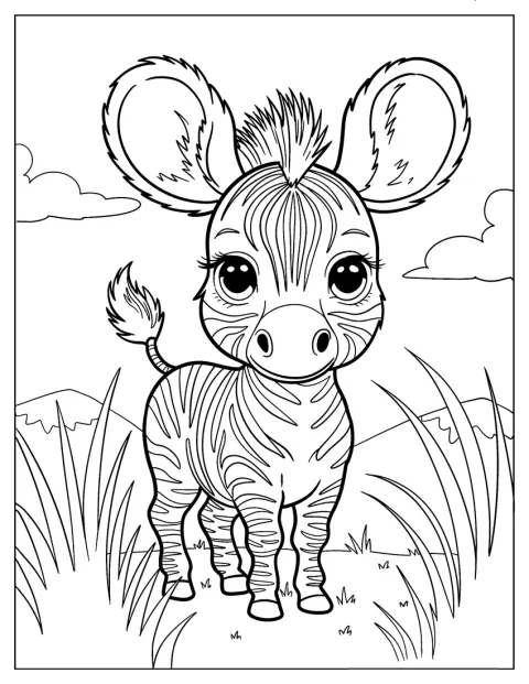 O zebră tânără cu urechi mari stă în picioare.