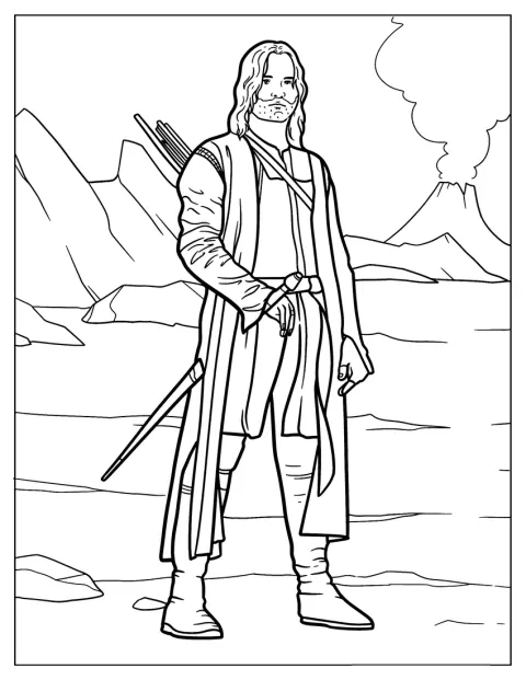 Aragorn stojí v plášti a kožené zbroji.