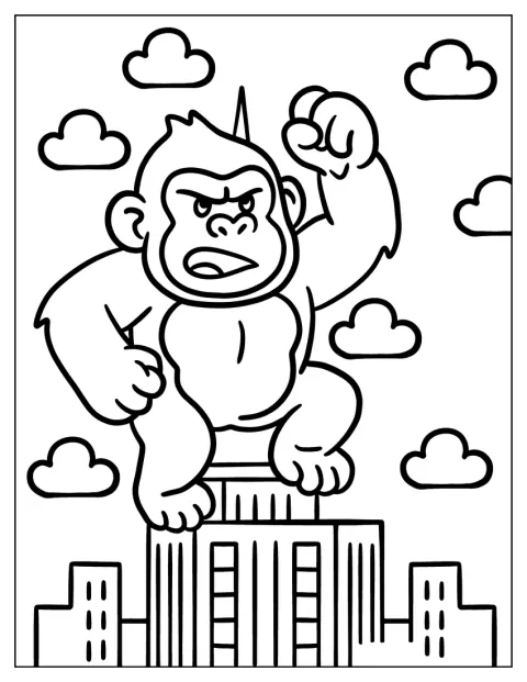No céu, King Kong em estilo chibi ergue o punho para saudar.