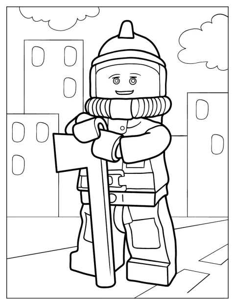 Egy LEGO tűzoltó sisakban és védőruhában áll.