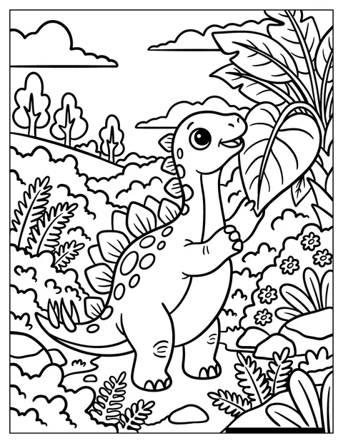 En stegosaurus sträcker sig efter blad i en tropisk trädgård.