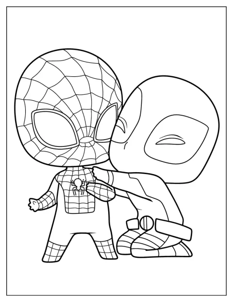 Spider-Man et Deadpool se tiennent côte à côte dans un style kawaii.