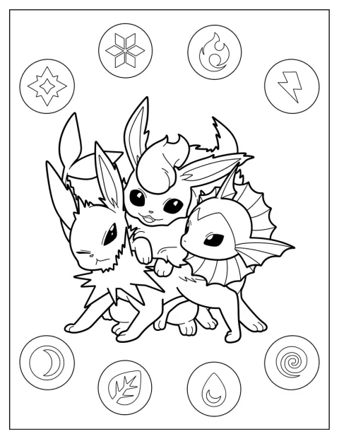 Kawaii Jolteon Coloring Page With Flareon And Vaporeon