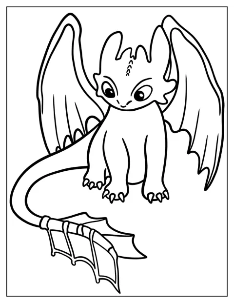 Roztomilý dráček Bezzubka v chibi stylu sedí a usmívá se.