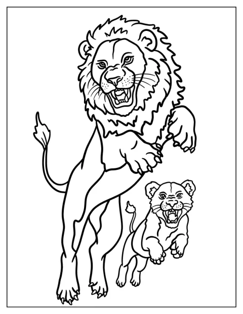 Ein mutiger Löwe springt mit seinem Jungtier durch die Luft und brüllt.