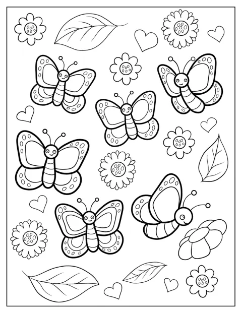 Cartoon Spring Coloring Page Butterflies And Flowers