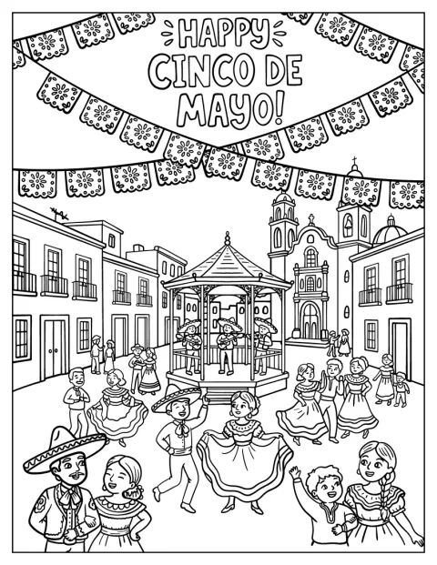 Mensen vieren Cinco de Mayo op een gezellig dorpsplein.