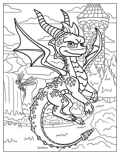 Spyro lentää linnan edustalla siivet levällään.