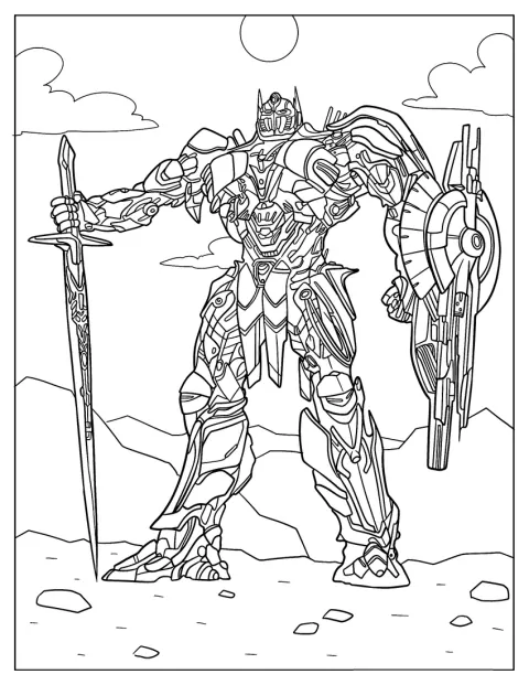 Bouclier et Épée du Jugement accompagnent Optimus Prime dans une pose majestueuse.