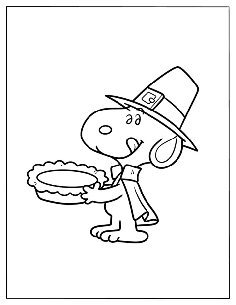 Snoopy trägt als Pilger einen Kuchen.