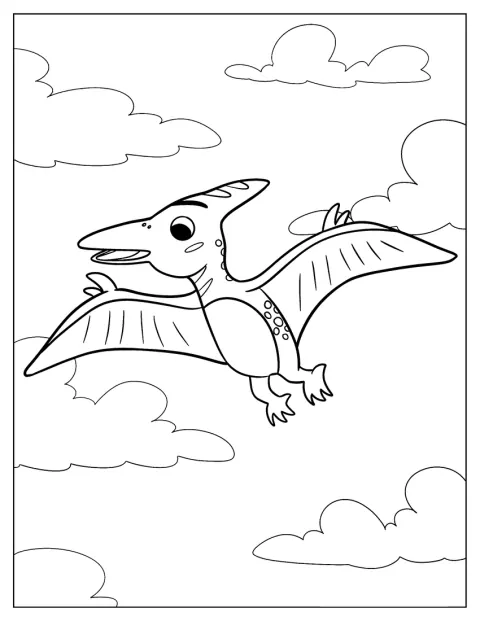 Malý pterodaktyl se vznáší s křídly roztaženými do stran.