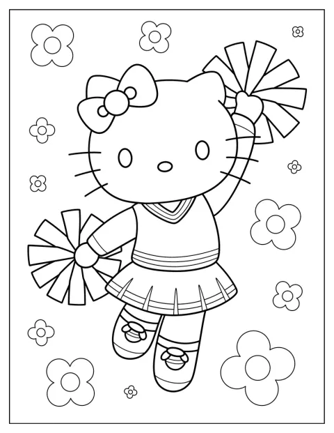 Hello Kitty är cheerleader och håller blommor.