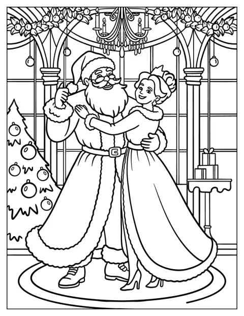 O Pai Natal e a Mãe Natal dançam num salão decorado para a época festiva.