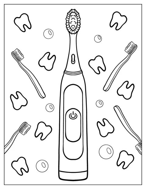 Une brosse à dents électrique réaliste se dresse devant des dents.