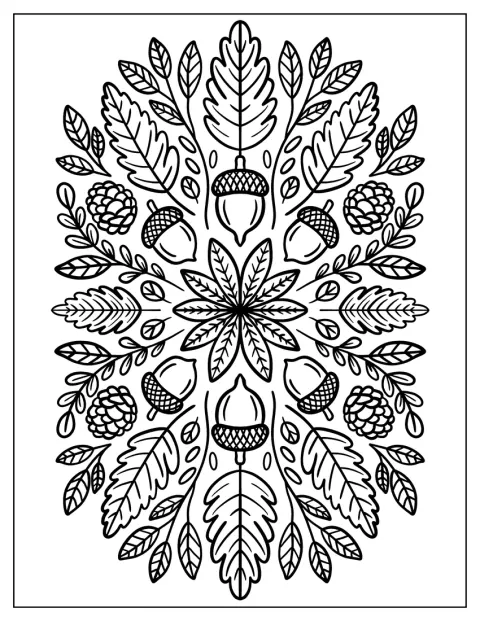 Skogsmotiv och lövverk bildar en dekorativ mandala med hösttema.