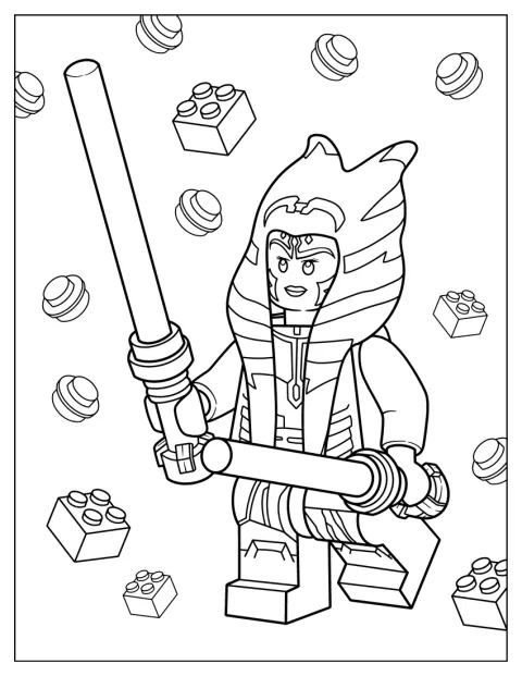 En Lego-versjon av Ahsoka holder lyssablene sine.