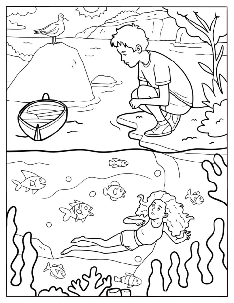 Ein Junge blickt aufs Meer, während ein Mädchen unter Wasser schwimmt.
