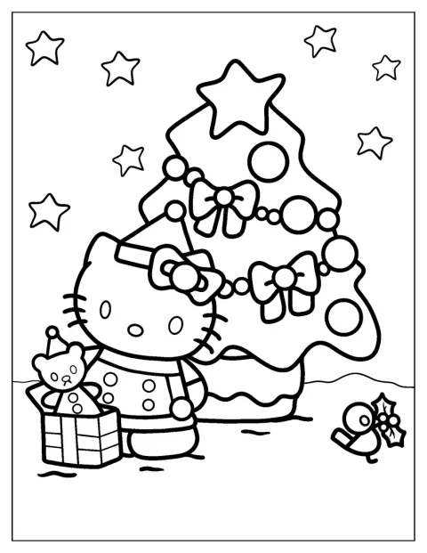 Hello Kitty stoi obok choinki i trzyma świąteczny prezent.