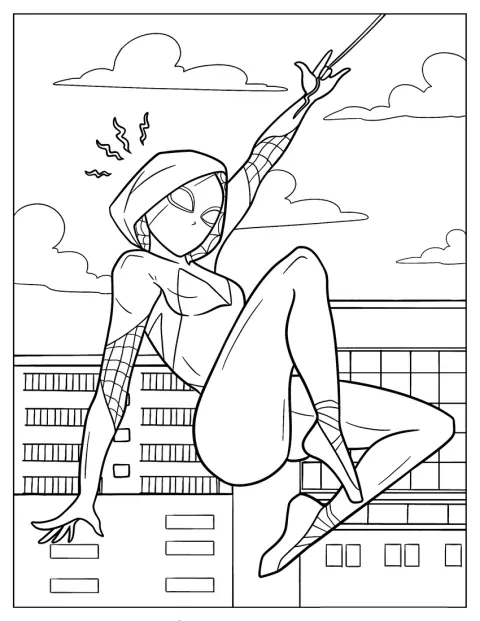 スパイダーグウェンがウェブにつかまり、空中を飛んでいます。