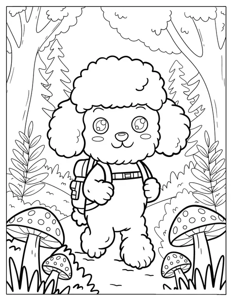Un caniche de estilo chibi recorre un sendero del bosque con una mochila.