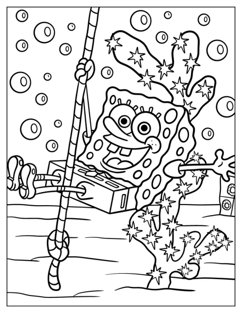 Bob l’éponge se balance à une corde sous la mer.
