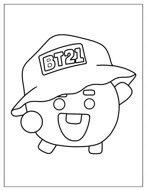 Shooky usa um chapéu tipo bucket com a inscrição BT21.