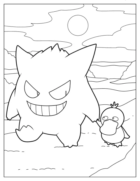 Gengar caminha ao lado de Psyduck.