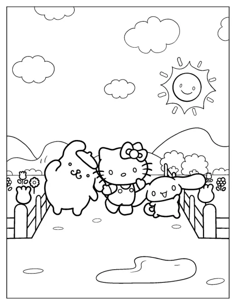 Hello Kitty pozuje razem z Pompompurinem i Cinnamorollem.