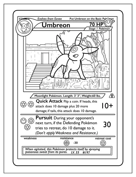 Een Pokémon-kaart toont Umbreon met de aanval Pursuit.