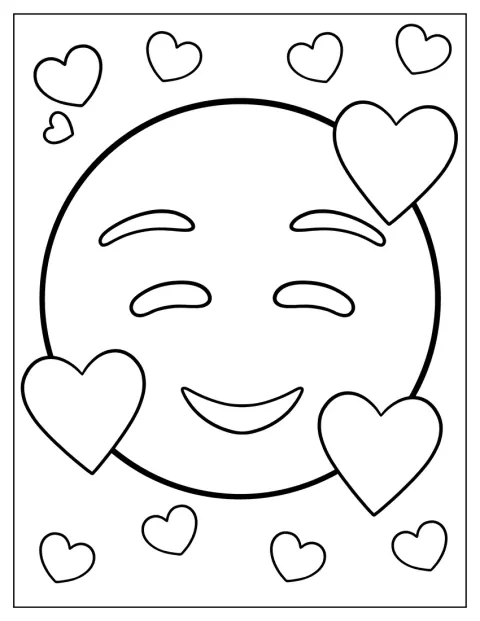 Una faccina sorridente è circondata da piccoli cuori.