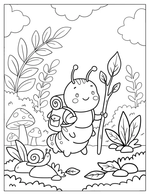 Med ryggsäck och vandringsstav går en larv genom skogen.