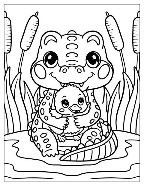 Un cocodrilo de dibujos animados abraza a un pollito.