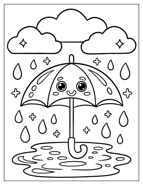 Um guarda-chuva de desenho animado está sobre uma poça, entre gotas e estrelas.