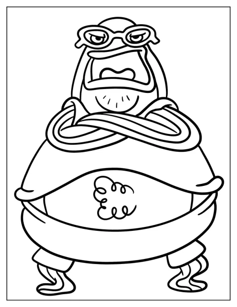 Bubble Bass kijkt met een brutale blik voor zich uit.