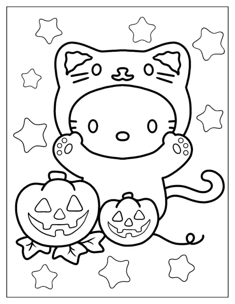 Hello Kitty halloween-i jelmezben ünnepel.