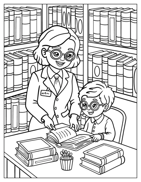 居心地のよい図書館で、司書が子どもに本を案内しています。